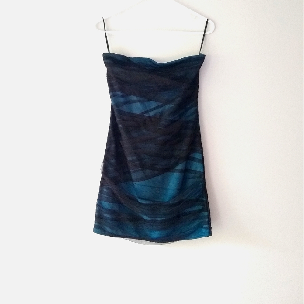 Justify Strapless Black Mesh Overlay Bodycon Bandage Mini Dress, Teal, Medium